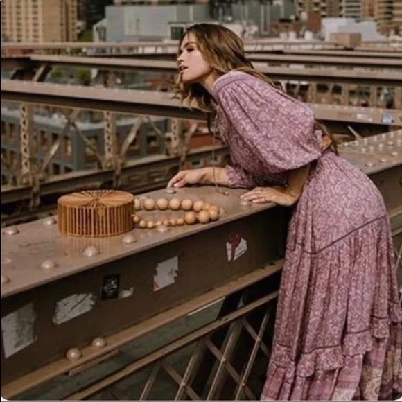 Spell Dahlia Tiered Midi Peasant Dress in Mulberry Pink/Purple Floral, Small EUC - Picture 3 of 16